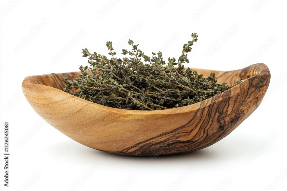 Dried thyme herbs displayed in an olive wood bowl on a white background for culinary use