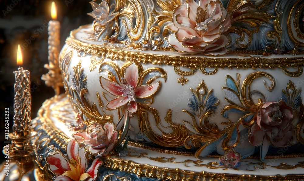 Fototapeta premium Ornate tiered cake with detailed floral and gold decorations.