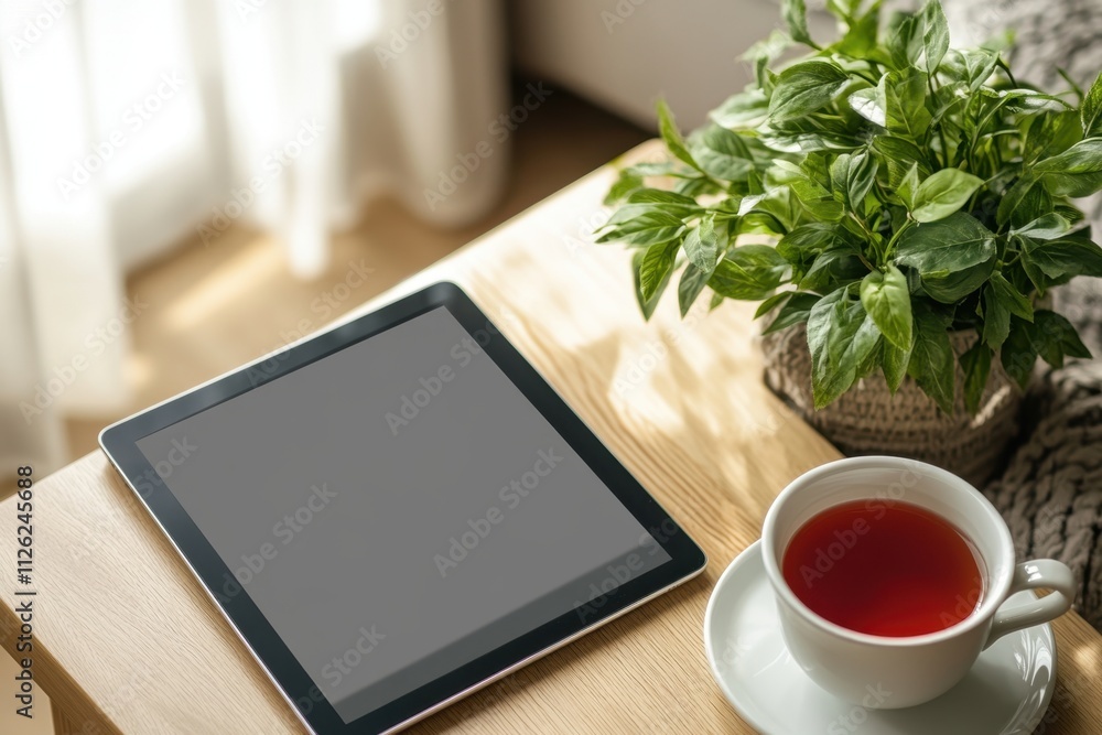 Cozy coffee table scene with mockup tablet on wooden surface indoor living space digital mockup content natural light environment contemporary viewpoint for creative projects Cozy coffee table scene with mockup tablet on wooden surface indoor living space digital mockup content natural light environment contemporary viewpoint for creative projects