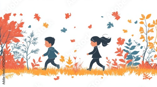 Children Playing in Colorful Autumn Landscape with Leaves Falling