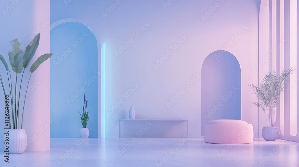 Minimalist Pastel Room Design with Plants and Archways Minimalist Pastel Room Design with Plants and Archways