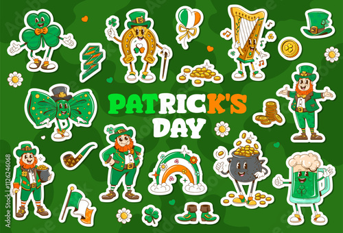 Retro groovy Irish saint Patrick day stickers. Cartoon patches with Ireland holiday characters and items. Leprechauns, clover, pot of gold, rainbow and bow tie. Tankard with ale or harp festive decor