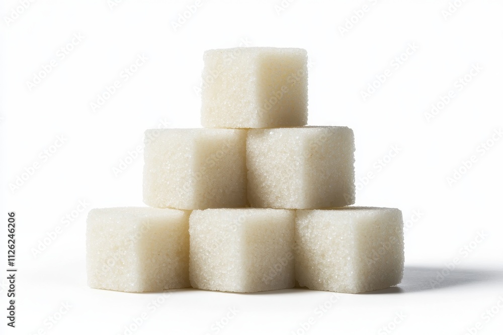 A neatly stacked pyramid of six white sugar cubes with a granular texture isolated on a white background A neatly stacked pyramid of six white sugar cubes with a granular texture isolated on a white background