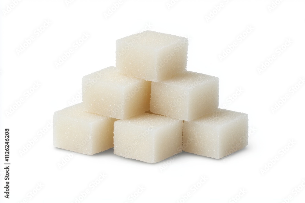 A neatly stacked pyramid of six white sugar cubes with a granular texture isolated on a white background A neatly stacked pyramid of six white sugar cubes with a granular texture isolated on a white background