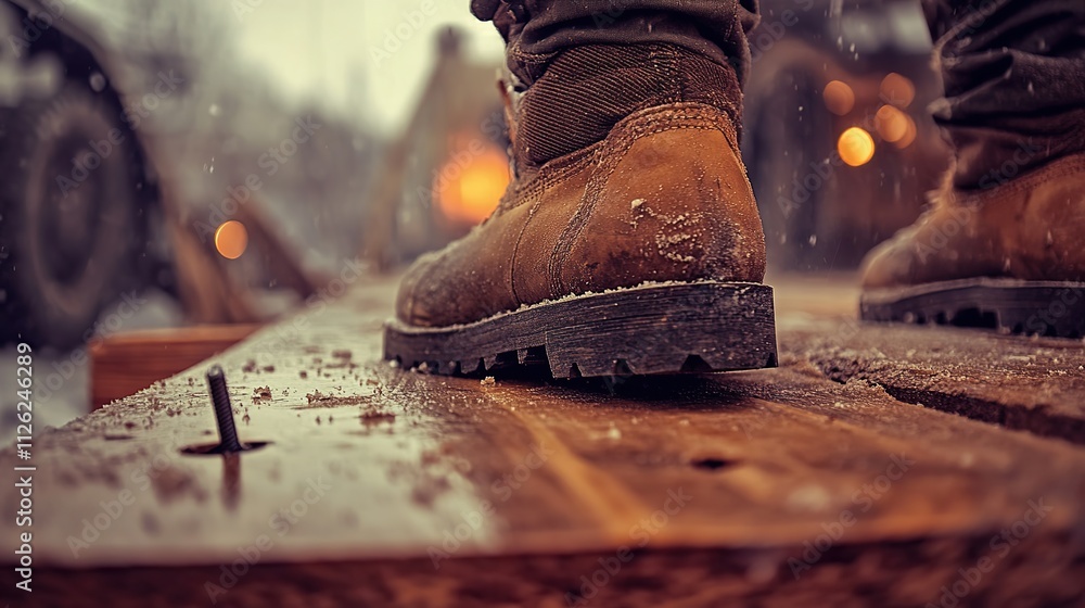 Construction workers wear safety shoes working with wood for construction Construction workers wear safety shoes working with wood for construction