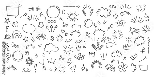 Set anime emotion effect. hand-drawn cute cartoony expression sign doodle line stroke.