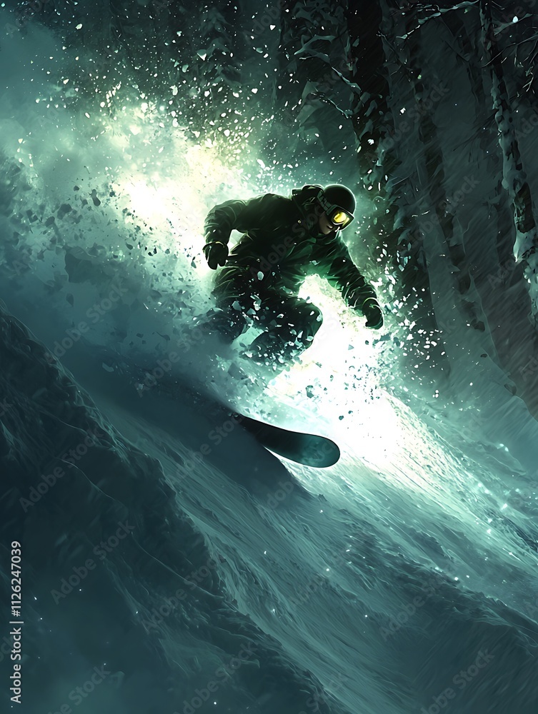 Snowboarder carving through fresh powder in a dark winter forest. Snowboarder carving through fresh powder in a dark winter forest.