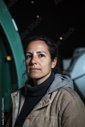 42-year-old Hispanic female astrophysicist with intense dark eyes and a weathered research jacket, standing in a remote observatory, tracking an anomalous signal from a distant galaxy photo