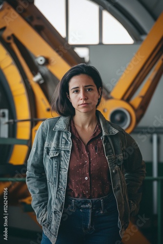 42-year-old Hispanic female astrophysicist with intense dark eyes and a weathered research jacket, standing in a remote observatory, tracking an anomalous signal from a distant galaxy photo