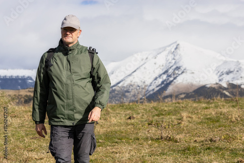 Middle aged caucasian tourist man walking