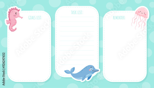 Note Card with Sea Animal and Marine Underwater Swimming Creature Vector Template