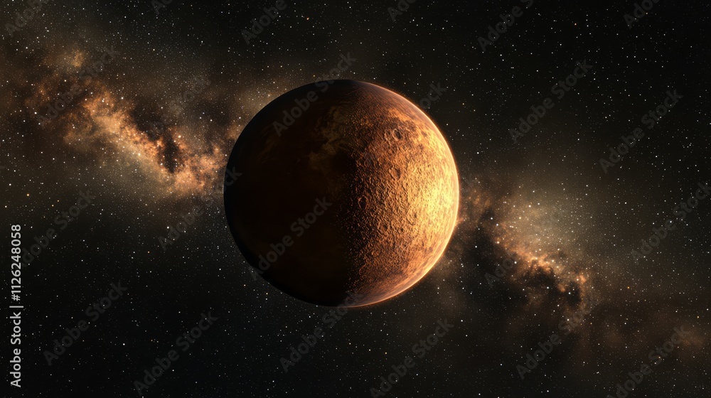 Naklejka premium Celestial Sphere in Cosmos: A mesmerizing depiction of the cosmic expanse unfolds, featuring a solitary planet suspended in the velvety void of space.