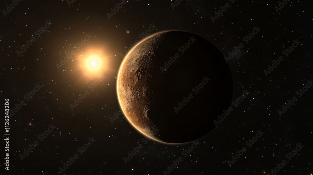 Obraz premium Exoplanet Sunrise: A breathtaking view of an exoplanet illuminated by its host star, showcasing a dramatic sunrise in the vast expanse of space.