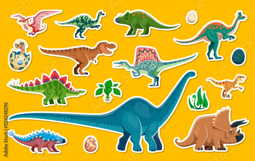 Dinosaur characters stickers. Cartoon vector isolated patches set of vibrant baby and adults dino, ancient reptile animal species and prehistoric elements like eggs and foliage on orange background