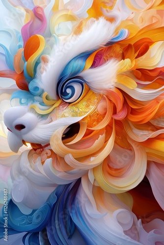 Chinese lion dance costume showcases intricate gold patterns, vibrant reds, blues, and whites symbolizing cultural celebration and festive traditions, bringing energy and heritage  photo