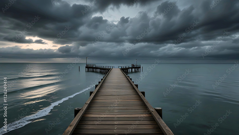 Obraz premium Moody Skies Over a Peaceful Pier Extending into the North Sea