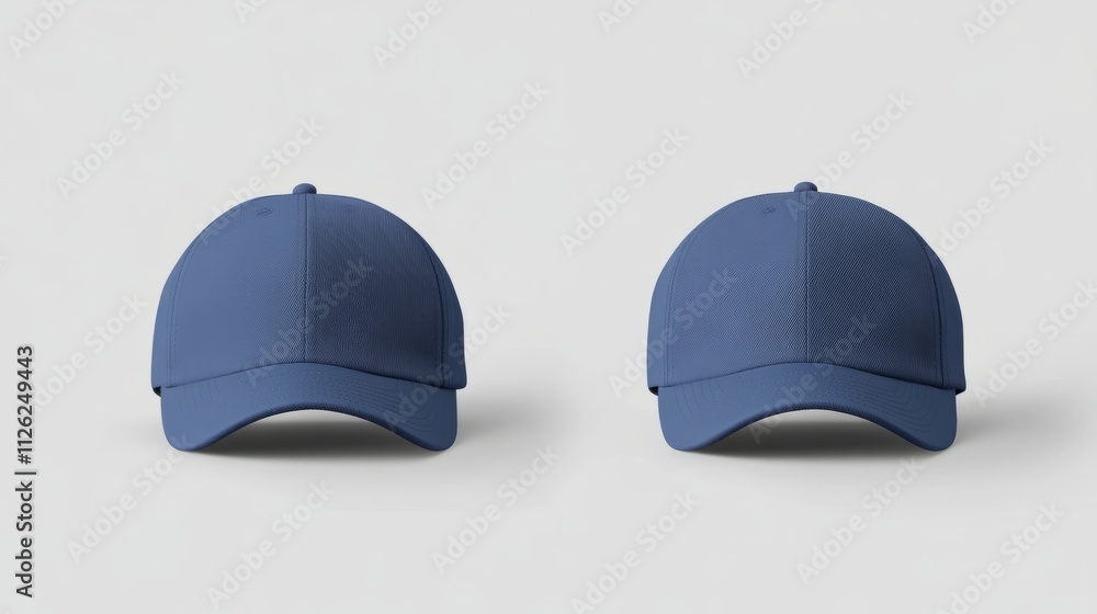 A high-quality blue cap mockup featuring a detailed view of both the front and back panels, against a plain white background A high-quality blue cap mockup featuring a detailed view of both the front and back panels, against a plain white background