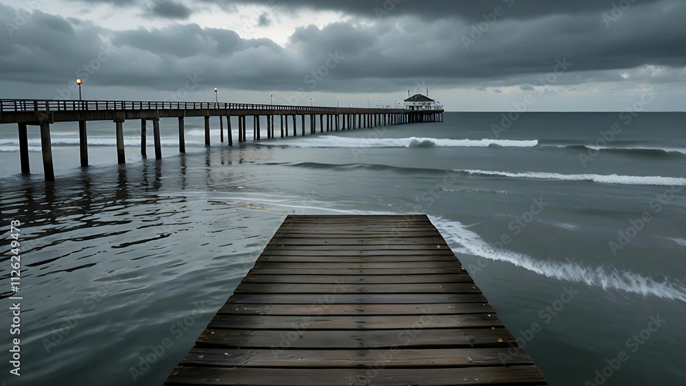 Fototapeta premium North Sea Pier Under Dramatic Clouds and Soft Ocean Waves