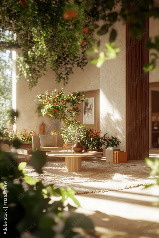 Fototapeta premium Cozy Courtyard Garden Oasis with Flowering Plants and Warm Sunlight
