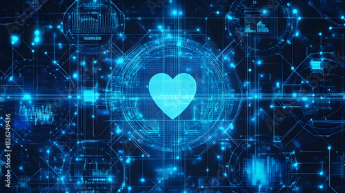 A digital representation featuring a blue heart at the center, surrounded by glowing data visuals, symbolizing technology's connection to emotions and health.