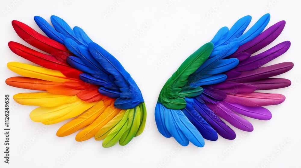 Obraz premium The wings of a bird are made up of many different colored feathers. The colors are arranged in a rainbow pattern, creating a beautiful and vibrant display. Concept of freedom and joy