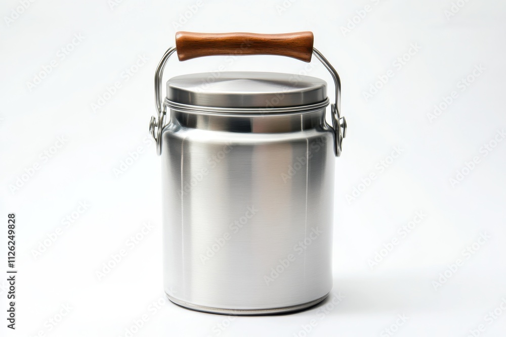 A shiny stainless steel milk can with a wooden handle on its lid A shiny stainless steel milk can with a wooden handle on its lid