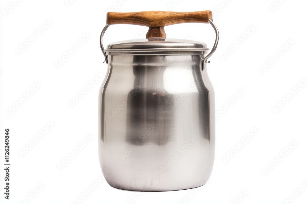 A shiny stainless steel milk can with a wooden handle on its lid A shiny stainless steel milk can with a wooden handle on its lid