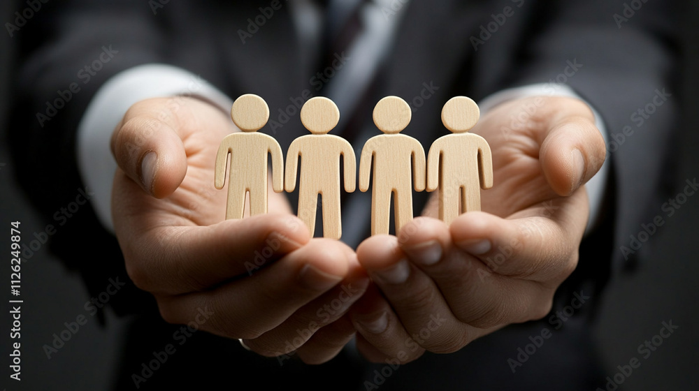 Hands Holding Wooden Figures Symbolizing Teamwork, Collaboration, Leadership, and Business Relationships in a Professional Setting Hands Holding Wooden Figures Symbolizing Teamwork, Collaboration, Leadership, and Business Relationships in a Professional Setting