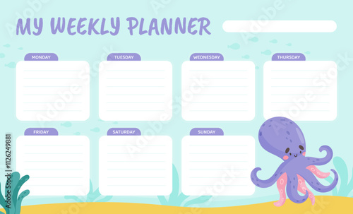 Weekly Planner Card with Sea Animal and Marine Underwater Swimming Creature Vector Template