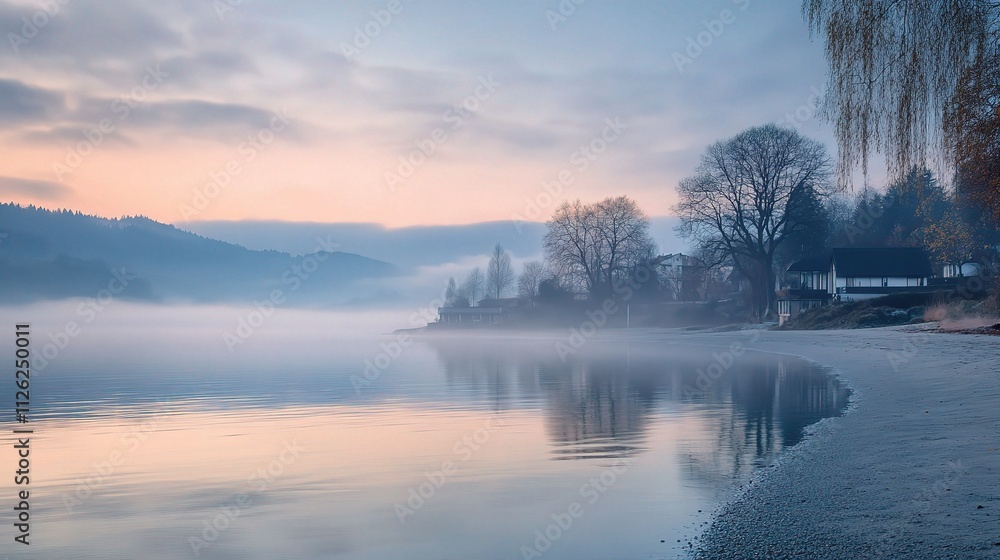 Fototapeta premium Serene Dawn Fog Rolling Over Calm Beach Landscape at Daybreak