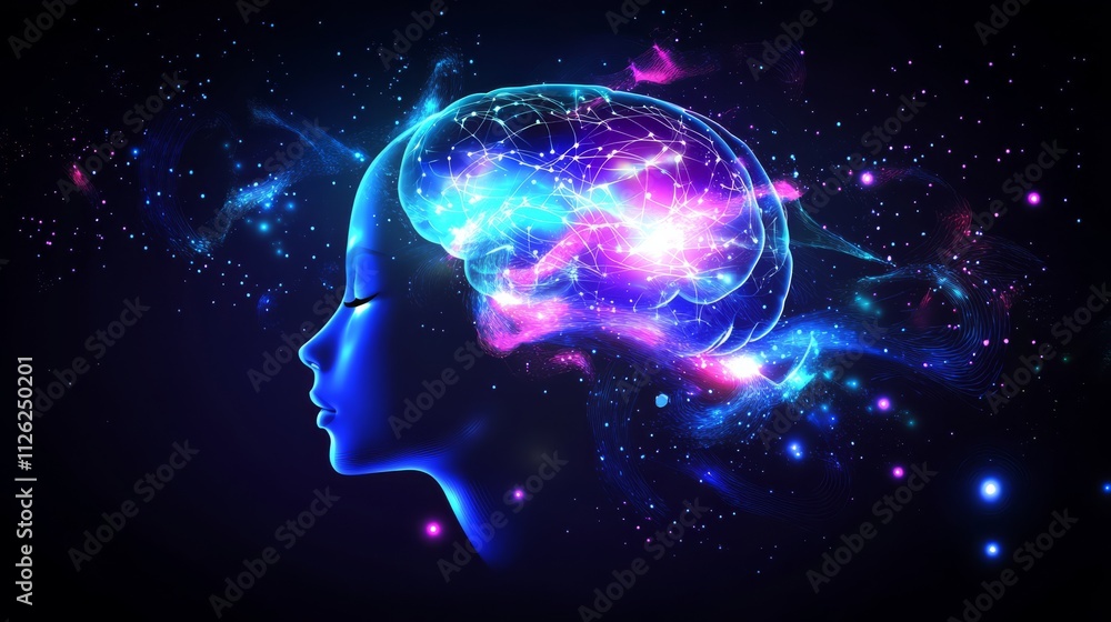 Mind's Cosmic Universe: An evocative depiction of the human brain, shimmering with nebulae and galaxies, symbolizes the limitless expanse of thought, creativity, and the vast potential within. Mind's Cosmic Universe: An evocative depiction of the human brain, shimmering with nebulae and galaxies, symbolizes the limitless expanse of thought, creativity, and the vast potential within.
