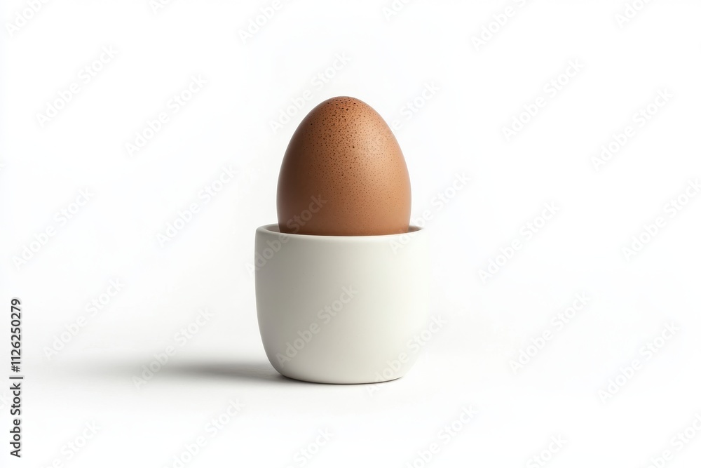 A single brown boiled egg sitting upright in a smooth A single brown boiled egg sitting upright in a smooth
