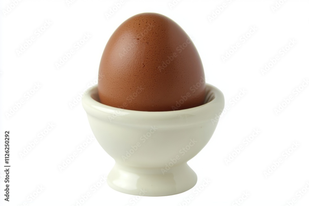 A single brown boiled egg sitting upright in a smooth A single brown boiled egg sitting upright in a smooth