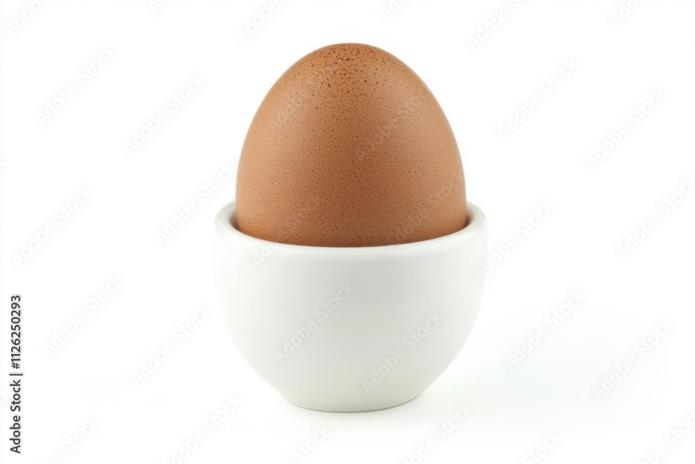 A single brown boiled egg sitting upright in a smooth A single brown boiled egg sitting upright in a smooth