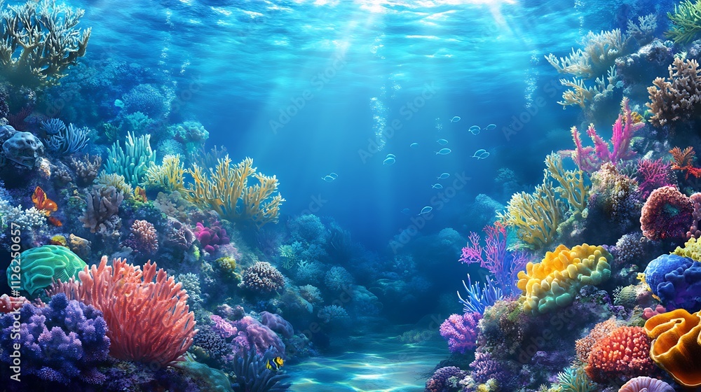 Naklejka premium Vibrant underwater scene showcasing colorful corals and marine life.
