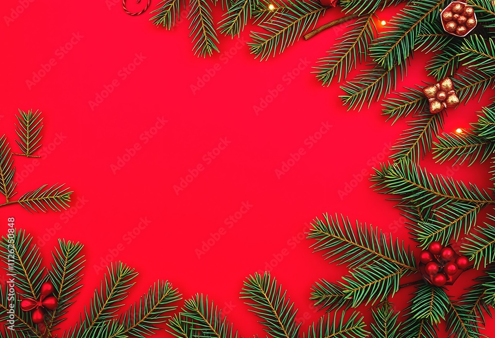 A vibrant red background adorned with lush green pine branches red berries gold and red Christmas ornaments and warm fairy lights. Creates a festive border. A vibrant red background adorned with lush green pine branches red berries gold and red Christmas ornaments and warm fairy lights. Creates a festive border.