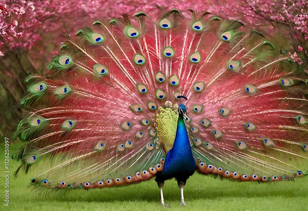 Obraz premium Realistic red and blue color beautiful peacock on the field