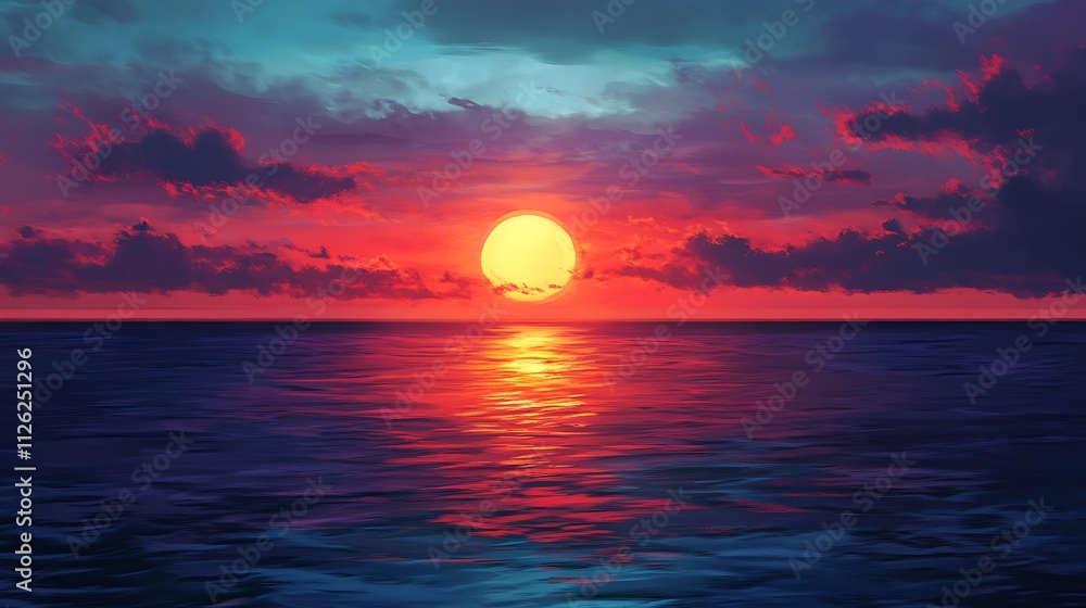 A vibrant sunset over calm waters, showcasing a blend of colors in the sky and reflection. A vibrant sunset over calm waters, showcasing a blend of colors in the sky and reflection.