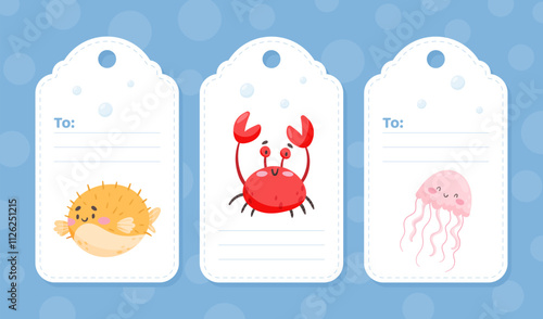 Tag with Sea Animal and Marine Underwater Swimming Creature Vector Template
