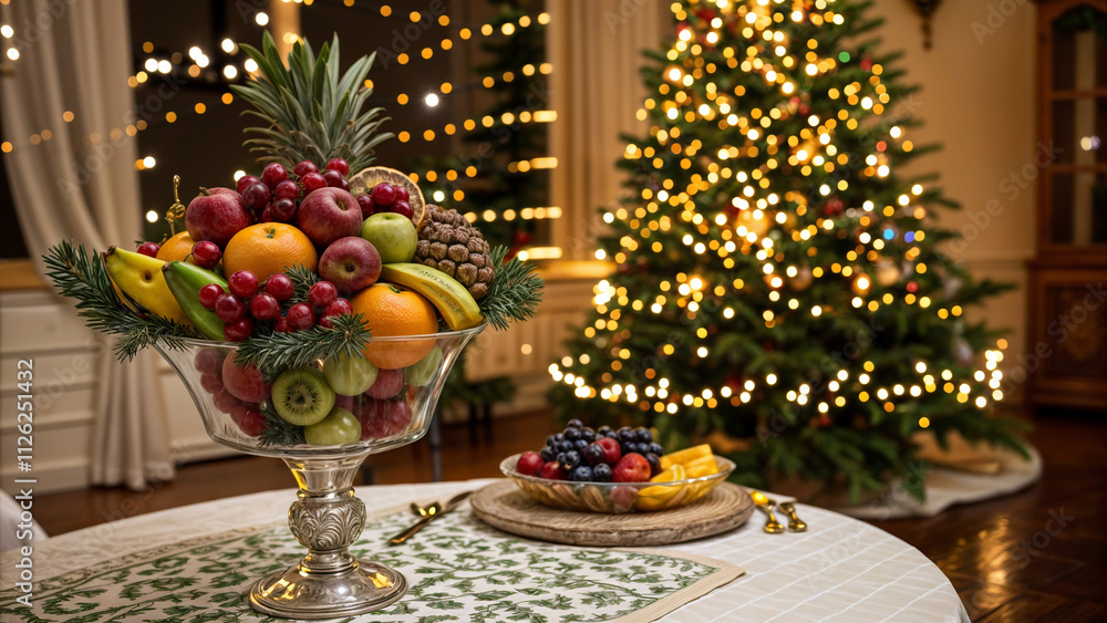 New Year's mood, fruits in a beautiful vase, night lights, New Year tree and a beautifully decorated table, high quality realistic photo New Year's mood, fruits in a beautiful vase, night lights, New Year tree and a beautifully decorated table, high quality realistic photo