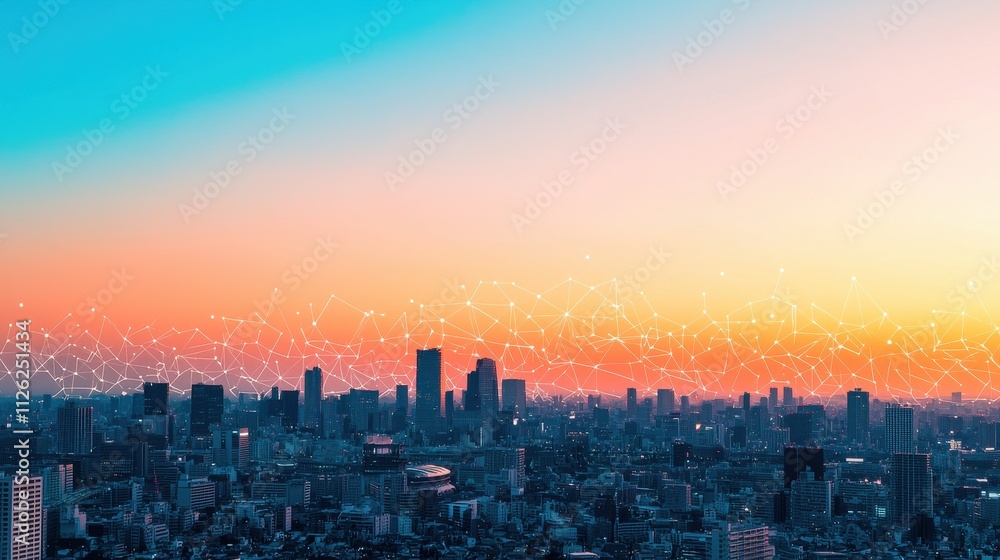 Fototapeta premium A stunning sunset over a city skyline, blending shades of blue and orange, with a vibrant atmosphere and distant buildings silhouetted against the colorful sky.