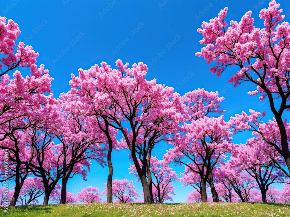 A field of majestic cherry trees stands tall, their vibrant pink petals glowing against a bright blue sky, green grass, sunny day, peaceful atmosphere A field of majestic cherry trees stands tall, their vibrant pink petals glowing against a bright blue sky, green grass, sunny day, peaceful atmosphere