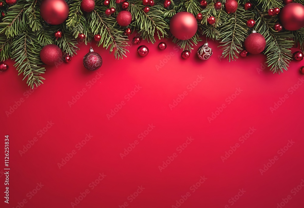Red Christmas Festive Background Ornaments and red berries. Space for text or design. Christmas festive holiday. Red Christmas Festive Background Ornaments and red berries. Space for text or design. Christmas festive holiday.