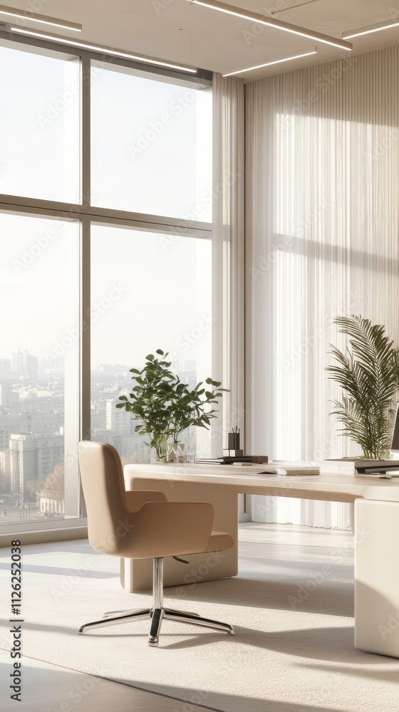 Fototapeta premium Modern Minimalist Home Office: A tranquil and stylish home office boasts a large window offering panoramic city views, a minimalist desk with a beige chair and subtle greenery.