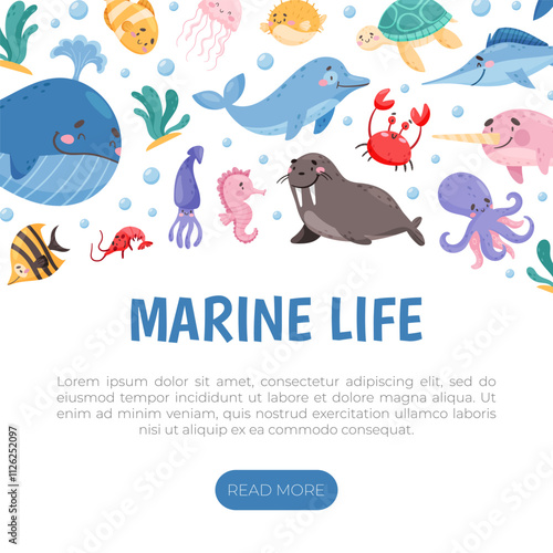 Sea Animal and Marine Underwater Swimming Creature Banner Design Vector Template