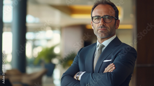 Confident Businessman in Modern Office Setting with Arms Crossed, Showcasing Professional Attire and Determined Expression, Luxury Environment