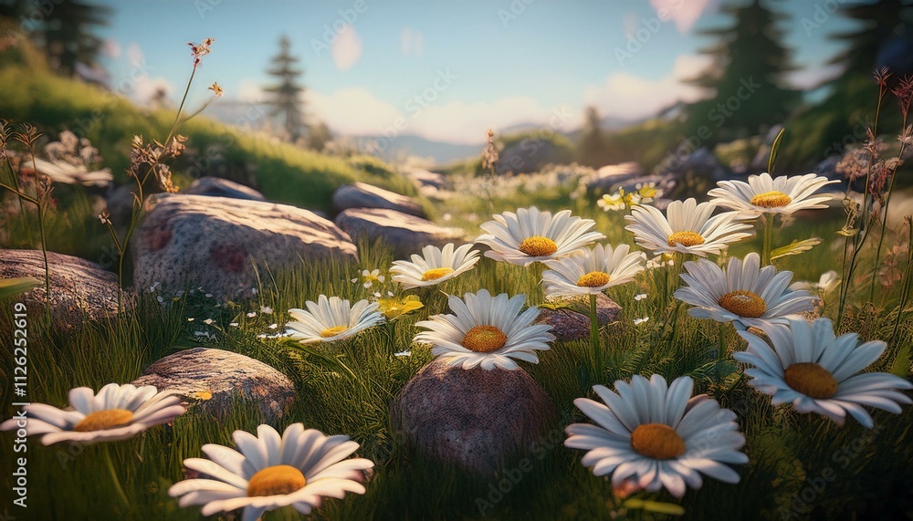 Generated image Beautiful daisies and stones in the meadow. 3d rendering Generated image Beautiful daisies and stones in the meadow. 3d rendering