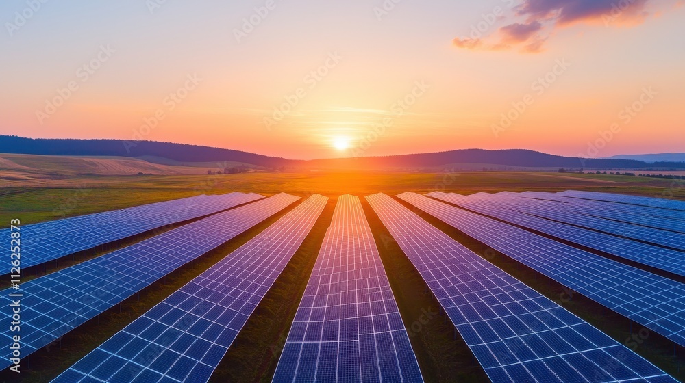A stunning sunset over a vast solar farm, with rows of solar panels ...