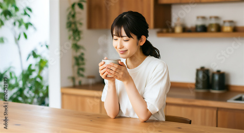 ホットドリンクを飲みほっとする女性