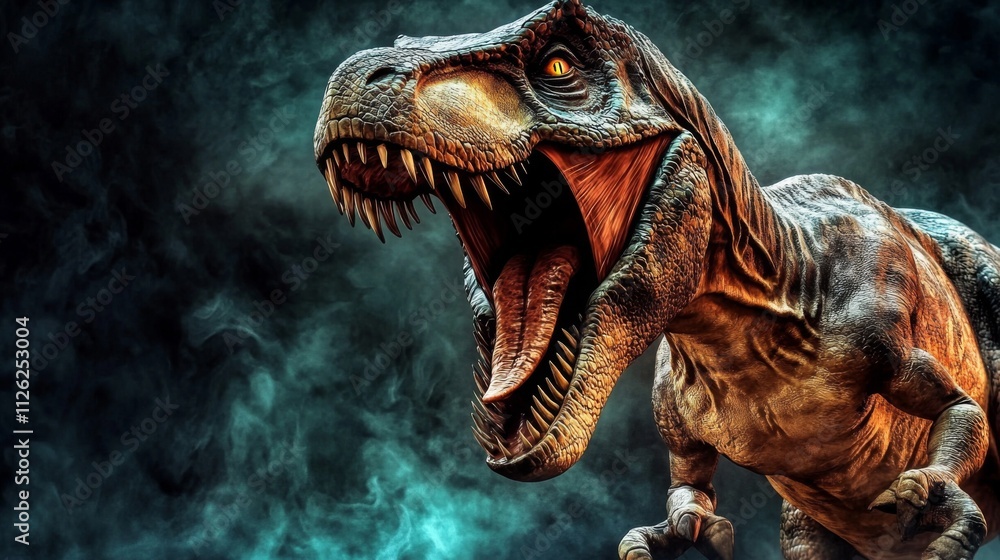 Intense Close-Up of Roaring Tyrannosaurus Rex in Dynamic Pose with Bared Teeth, Jurssic Period Dinosaur, Dark Foggy Landscape Background. Intense Close-Up of Roaring Tyrannosaurus Rex in Dynamic Pose with Bared Teeth, Jurssic Period Dinosaur, Dark Foggy Landscape Background.